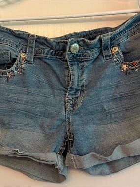95% Cotton Knox Rose Patriotic Denim Roll-Cuff Shorts Star Embroidery L1